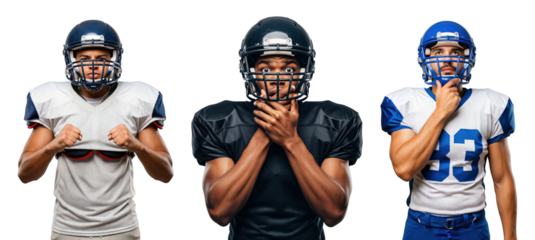 Three Diverse Male Football Players in Uniforms Posing with Helmets and Varying Expressions