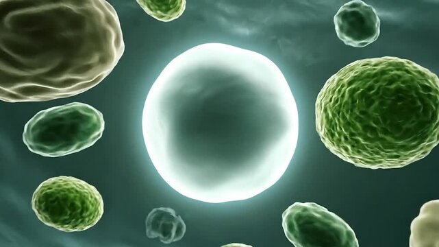 A microscopic view of various cells floating in a fluid environment with a prominent central cell