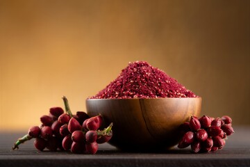 Vibrant sumac spice in wooden bowl with fresh sumac berries