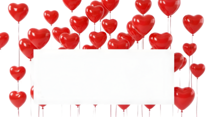 numerous red heart shaped balloons float around a blank white banner perfect for a love note or festive greeting