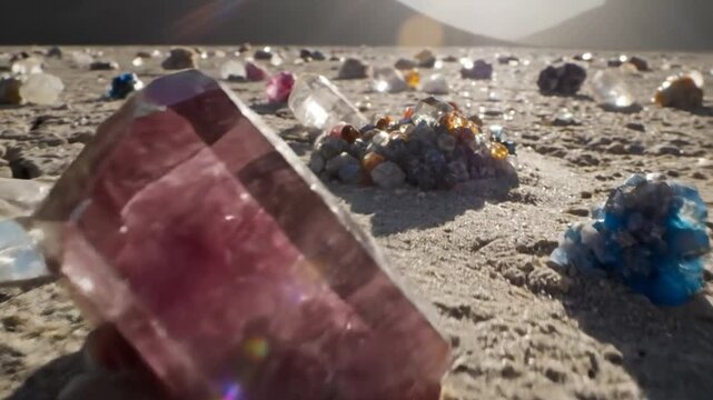 Array of Zircon Crystals Scattered Across a Barren, Cracked Landscape Under Bright Sunlight