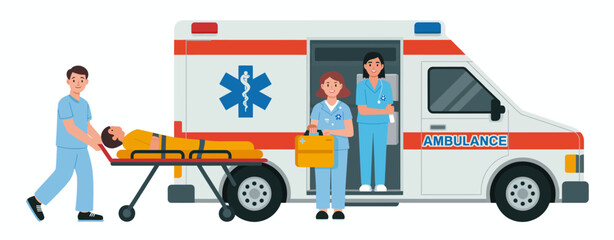 A dedicated emergency medical team is seen transporting a patient on a stretcher to an ambulance, showcasing care and urgency in medical emergencies. Teamwork is essential.