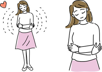 自分自身をハグする女性のゆるい線画セット（自己肯定）