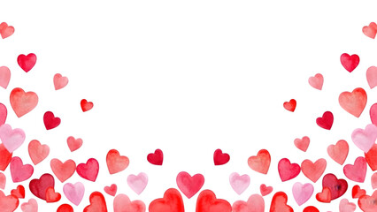 A cascade of watercolor hearts in various shades of pink and red adorn a black background creating a festive and romantic design