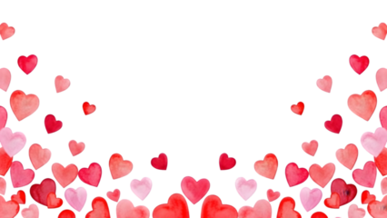 A cascade of watercolor hearts in various shades of pink and red adorn a black background creating a festive and romantic design