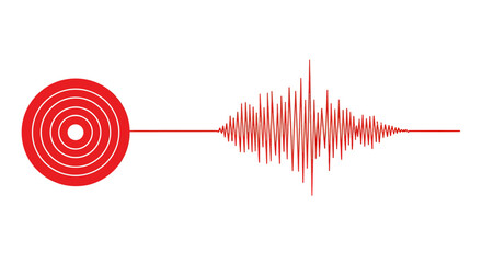 A vivid red vector illustration displays a seismic wave pattern originating from a target symbol, visually representing earthquake magnitude and scientific data measurement.