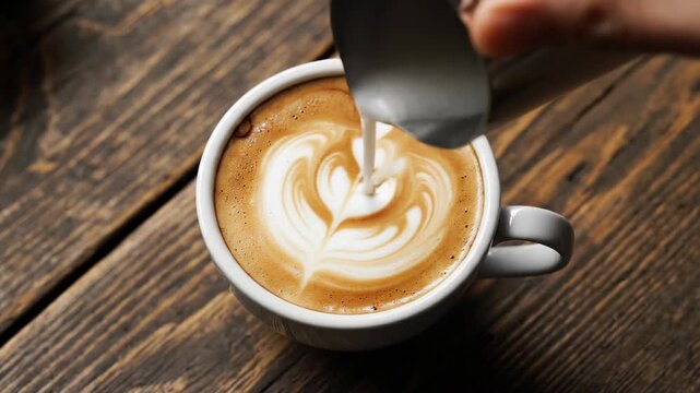 Barista skillfully pours frothy milk into dark coffee, creating intricate latte art with heart and flower patterns on a wooden surface.