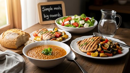 Delicious and healthy home-cooked meal with fresh ingredients and a motivational message