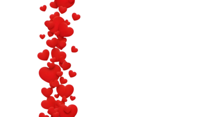 A cascade of red hearts flows down the left side of a black background creating a festive design