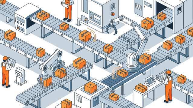 Manufacturing process with workers and machines