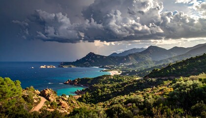 A coastal scene showcases turquoise water meeting land, a sandy beach, and green hills beneath a dramatic, stormy sky
