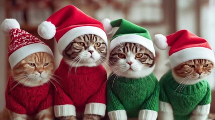 Four cats in holiday sweaters and Santa hats sit in a cozy living room, blinking at the camera now