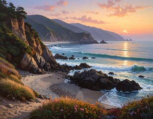 A coastal sunset painting, featuring a rocky beach, crashing waves, cliffs, mountains, and colorful wildflowers. The sky glows