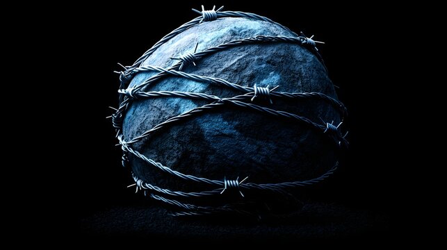Earth Encased in Barbed Wire Symbolizing Global Conflict and Restriction.