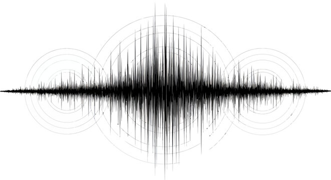 A powerful black sound wave or seismic activity graph is depicted with concentric circles on a clean white background, illustrating data visualization and impact.
