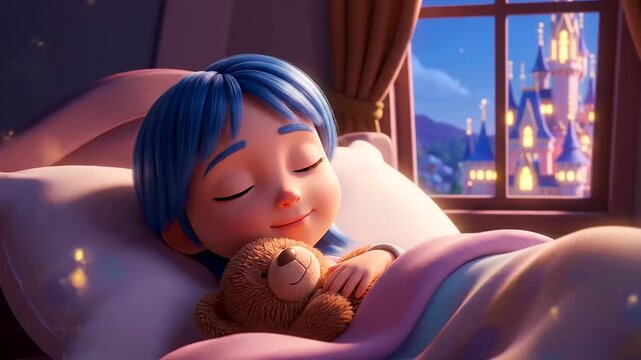 Celebrating World Sleep Day with an adorable animated child sleeping peacefully, hugging a teddy bear, dreaming of a fantastical castle, showcasing comfort and sweet dreams.