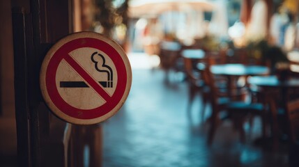 A close-up view of a "No Smoking" sign, red circle with a cigarette crossed out, blurred cafe background