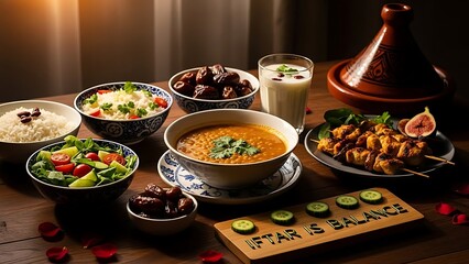 Hearty and traditional Iftar meal set with dates, soup, salad, and grilled skewers, celebrating Ramadan.