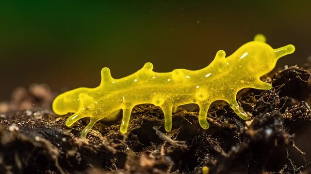 A yellow flatworm crawling on dark soil, viewed from the side in a natural environment