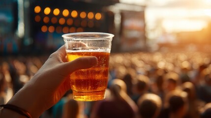A close-up shows a hand holding a plastic cup of amber liquid, against a blurred concert crowd and stage lit by warm sunlight