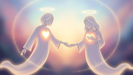 Two ethereal beings with glowing hearts and halos hold hands in a gentle, spiritual embrace.