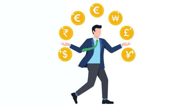 A businessman skillfully juggles various global currencies, demonstrating financial expertise and international business acumen in a clean, modern vector illustration. - Powered by Adobe
