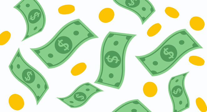 Modern vector art showing a dynamic scene of falling green dollar bills and golden coins against a clean white backdrop, ideal for finance-related visuals.