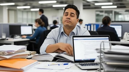 Stressed Asian Male Professional Struggling with Workload in Modern Office Environment