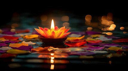 Floating Diya Surrounded by Flower Petals on Water at Night.