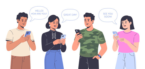 A group of young friends interacts joyfully through their smartphones, capturing the essence of modern communication and social connections in an engaging way.