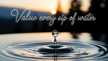 Pure water droplet creating ripples at sunset, a symbol of precious resources
