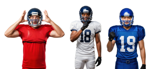 Three Male Football Players in Action Posing in Different Jerseys and Helmets on transparent background
