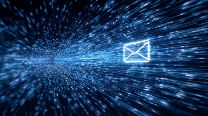 A digital representation shows a glowing email icon speeding through a tunnel of bright, flowing particles, suggesting data transmission