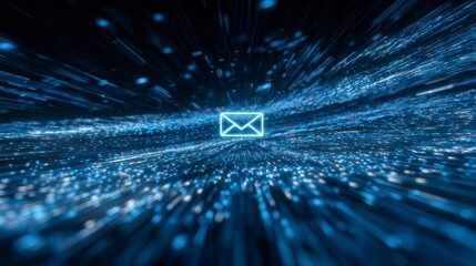 A luminous email icon surrounded by a dynamic blue, abstract flow. Streaks and particles create a sense of digital movement