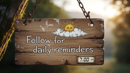 Charming wooden sign with sun and clouds encourages daily reminders at 7 AM outdoors