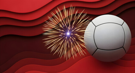 Vibrant soccer ball with fireworks on red wavy background celebrating sports