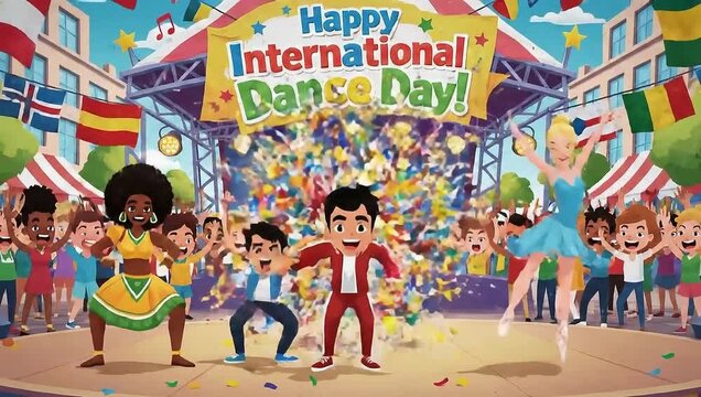 Happy International Dance Day celebration with diverse children dancing on stage surrounded by flags.