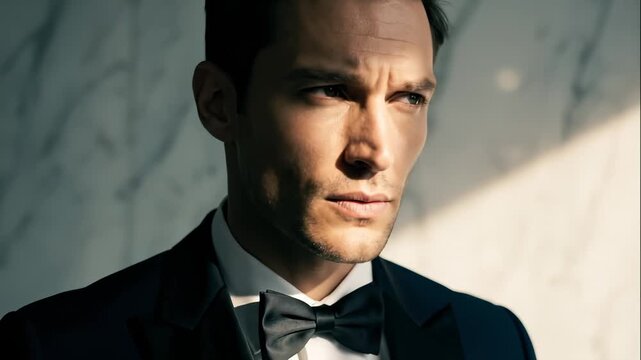 Elegant Man Poses Smoothly in Formal Attire Near Marble Wall Lighting