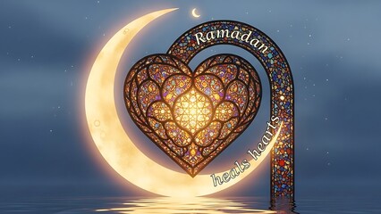 Glowing Ramadan heart illuminated by crescent moon, symbolizing faith and celebration