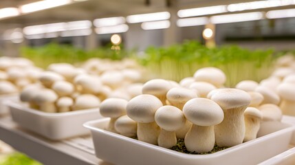 Freshly Grown Mushrooms Cultivated in a Modern Indoor Farm Setting.