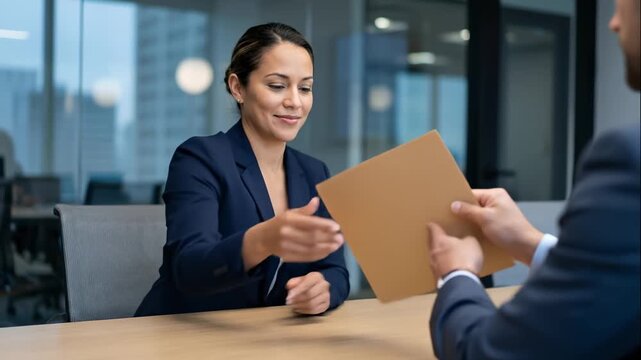 Businesswoman Hands Over Documents During Meeting in Modern Office