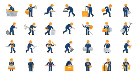 Diverse Construction Workers Performing Various Tasks with Tools and Equipment depicted in a Grid Layout for visual representation