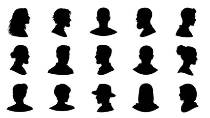 A collection of diverse black silhouettes of human heads and shoulders, showcasing various hairstyles and facial profiles.