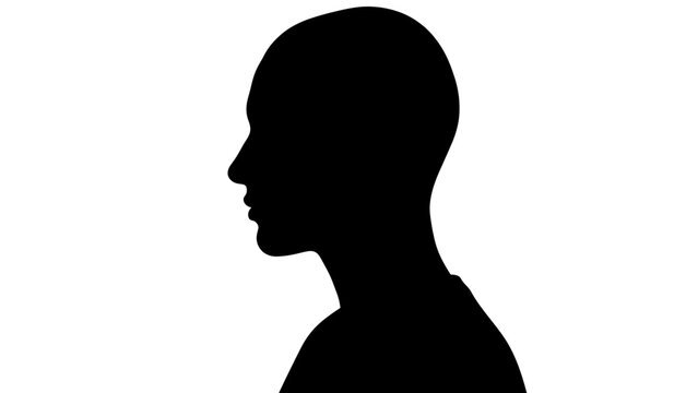 A stark black silhouette of a person's head and shoulders in profile against a white background.