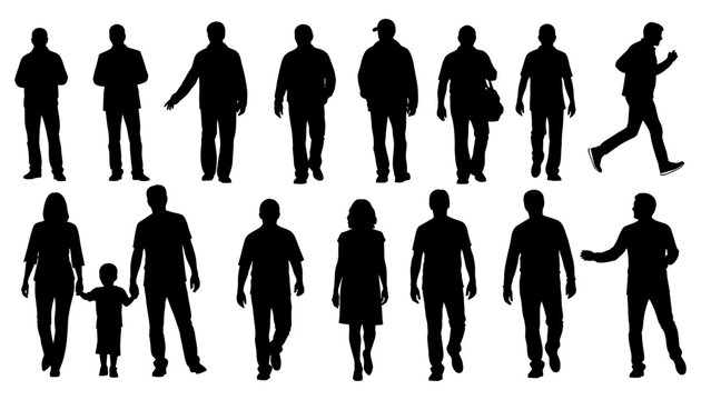 A collection of black silhouettes of people of various ages and genders, standing and walking.