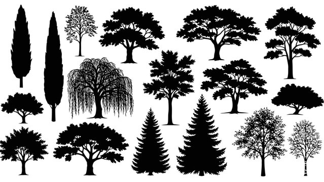 Collection of Silhouetted Trees in Various Shapes and Sizes, Illustrating Diverse Flora.