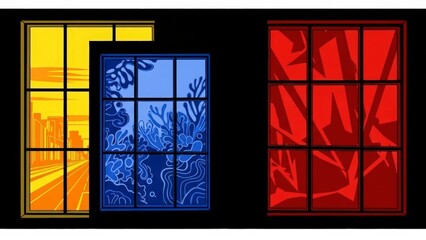 Three stylized windows with different colored panes and views.
