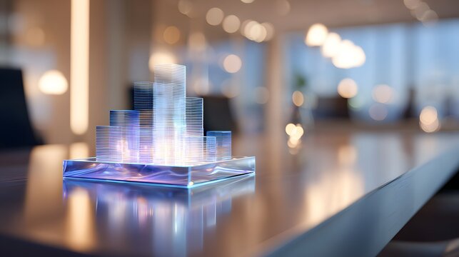 Futuristic Holographic Cityscape Display on a Modern Conference Table. - Powered by Adobe