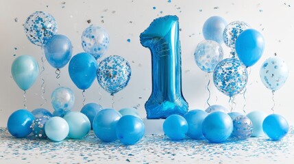 A vibrant composition features a large blue foil number "1" balloon surrounded by an assortment of blue balloons and confetti against a white backdrop