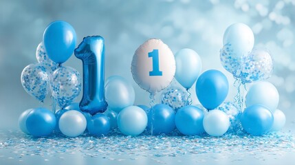 A collection of blue balloons with a number "1" design, celebratory scene. Confetti scatters around the scene, with bokeh background
